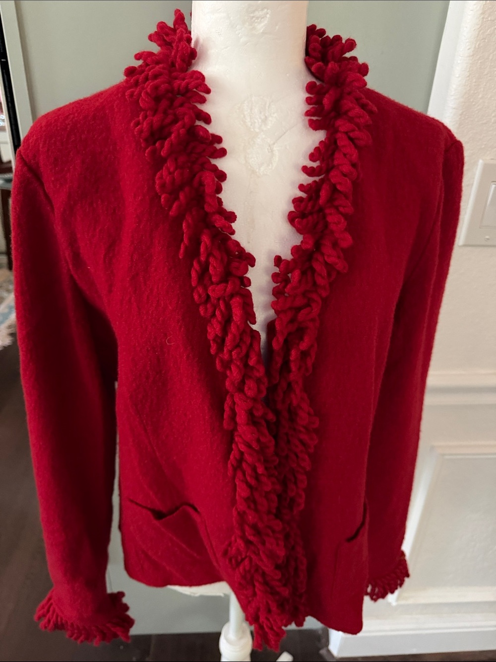 Talbots Red Ruffle-Trim Wool Cardigan